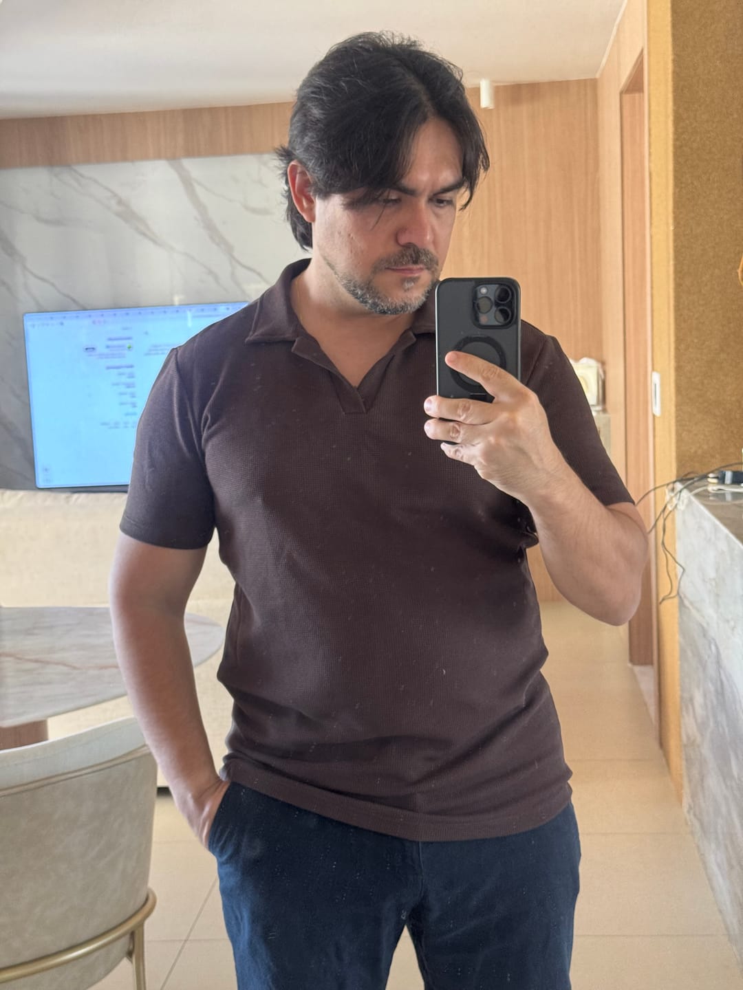Customer photo review of Camisa Polo Italiana Tricot Marrom Café