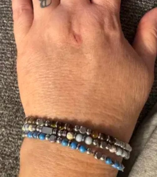Customer photo review of 4mm Beaded Bracelet for Women & Men, Stainless Steel Pink Crystal, Obsidian, Tiger's Eye & Turquoise Friendship Anxiety Silver Bracelet