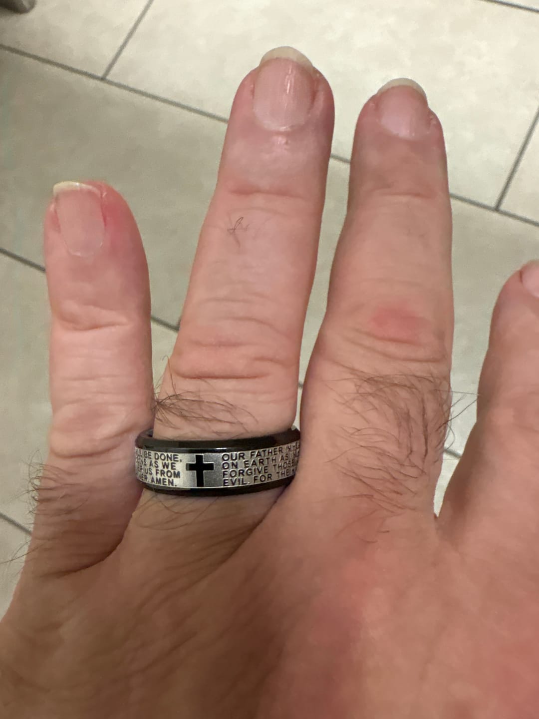 Customer photo review of Christianartworkshop Deep Engraved Cross Lord’s Prayer Stainless Steel Wide Band Ring: Emblem of Abiding Heavenly Faith