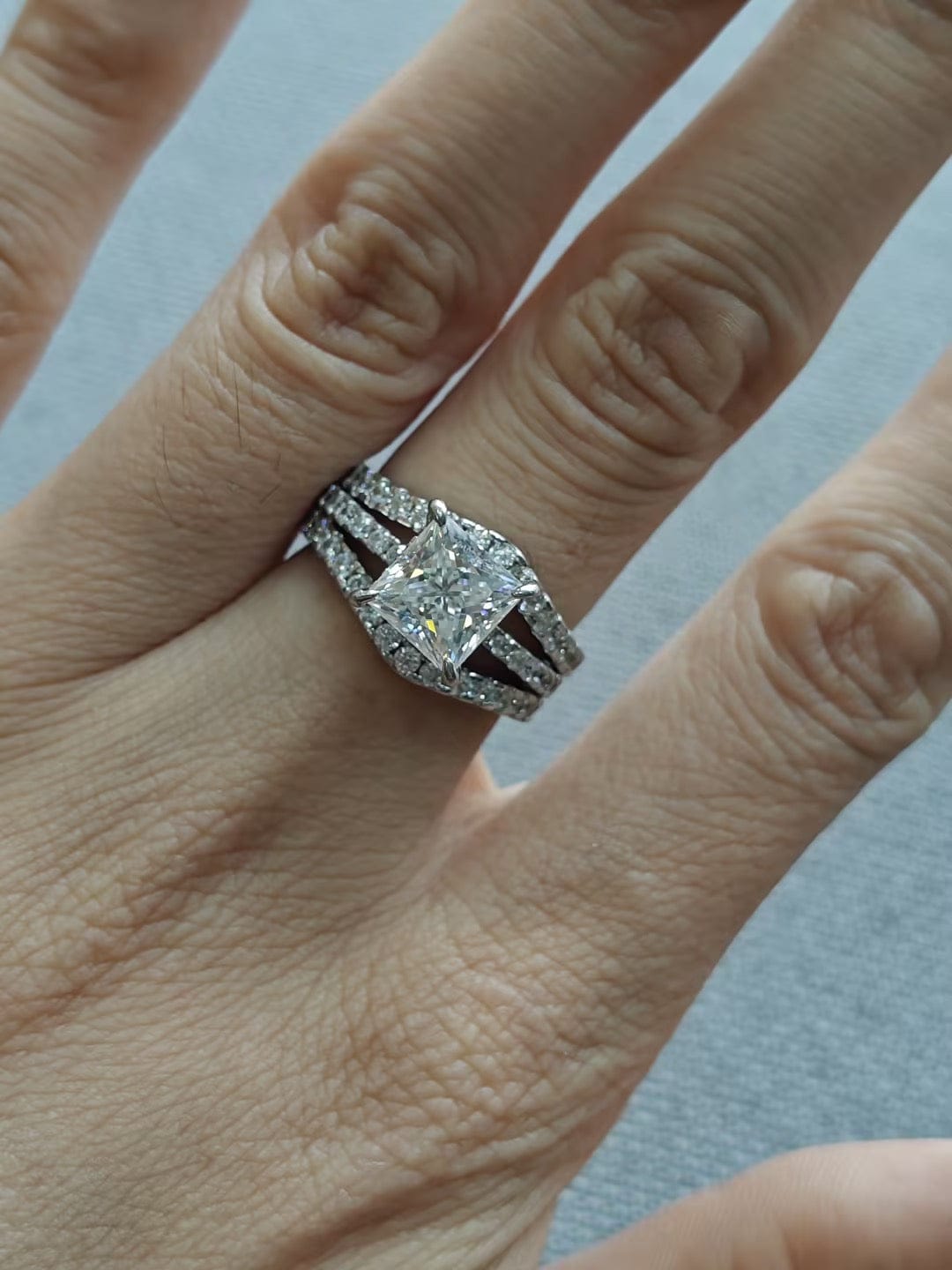 Customer photo review of S925 2.0Ct Princess Cut Insert 2PC Wedding Ring Set In Sterling Silver Engagement Ring with Enhancer Band