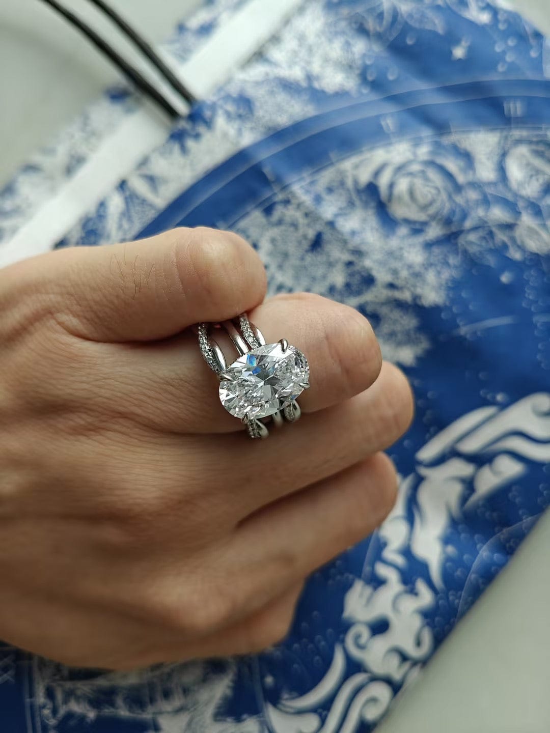 Customer photo review of S925 3PC 5.5Ct Solitaire Oval Cut Ring & Twist Eternity Wedding Band Statement Ring Sets