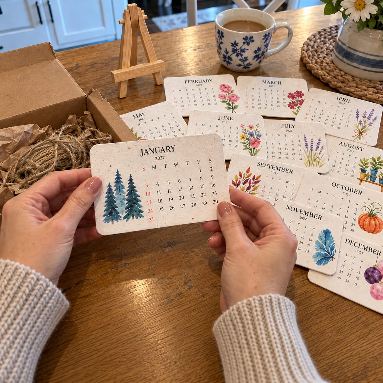 Customer photo review of 2027 Plantable Seed Paper Calendar | Thanksgiving, Christmas gifts - Eco-Friendly Desk Calendar with 12 Monthly Flower & Herb Seeds | Sustainable Gift with Wooden Easel Stand
