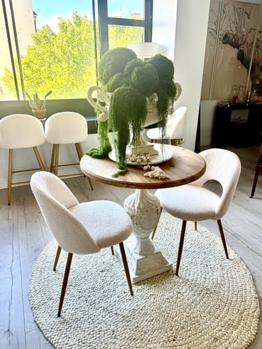 Customer's Isolde French Provincial pedestal tea table with a natural fir top, styled with chairs in a sunlit room.