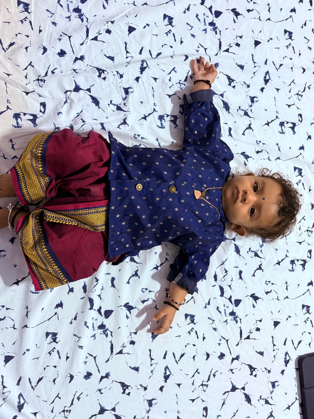 Customer photo review of Navy blue with pink mangalagiri cotton traditional kurta dhoti for baby boy