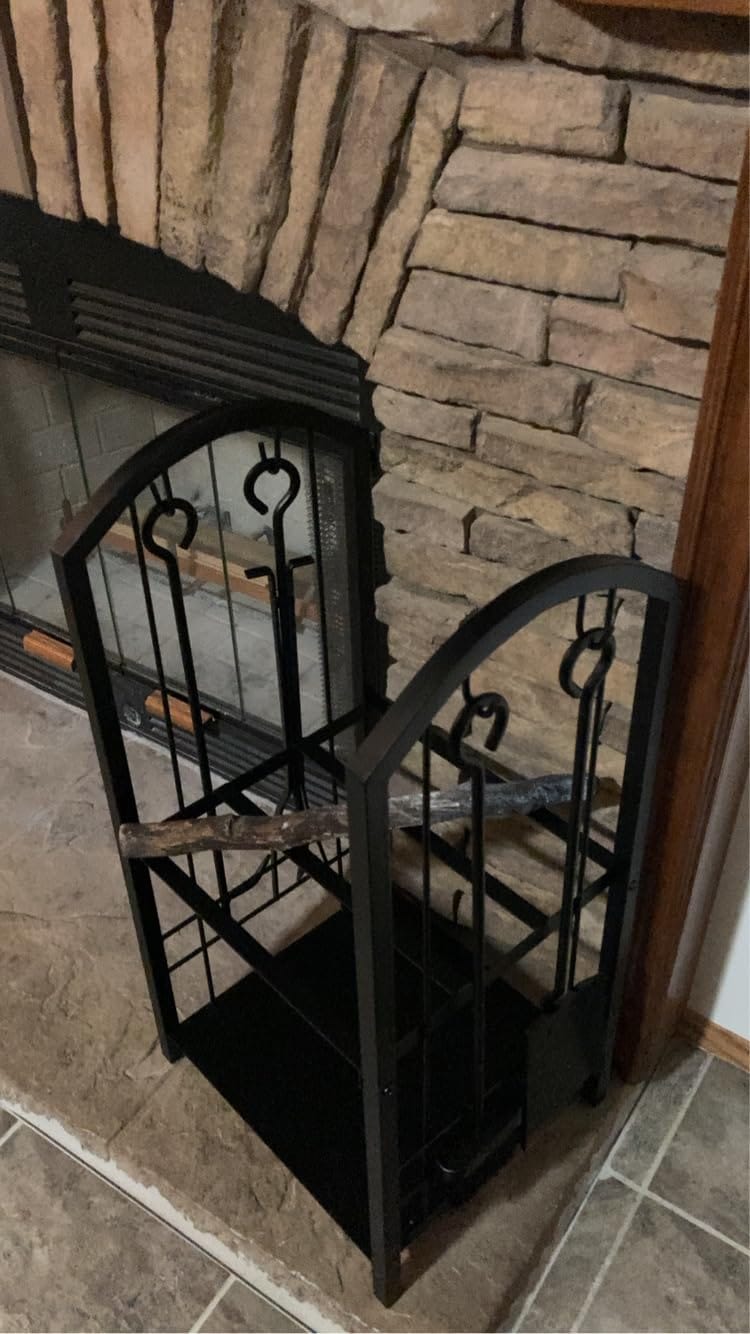 Customer photo review of Firewood Log Rack with Tools | 29 in Wrought Iron Holder with 2 Shelves | Poker, Shovel, Brush and Hook Set