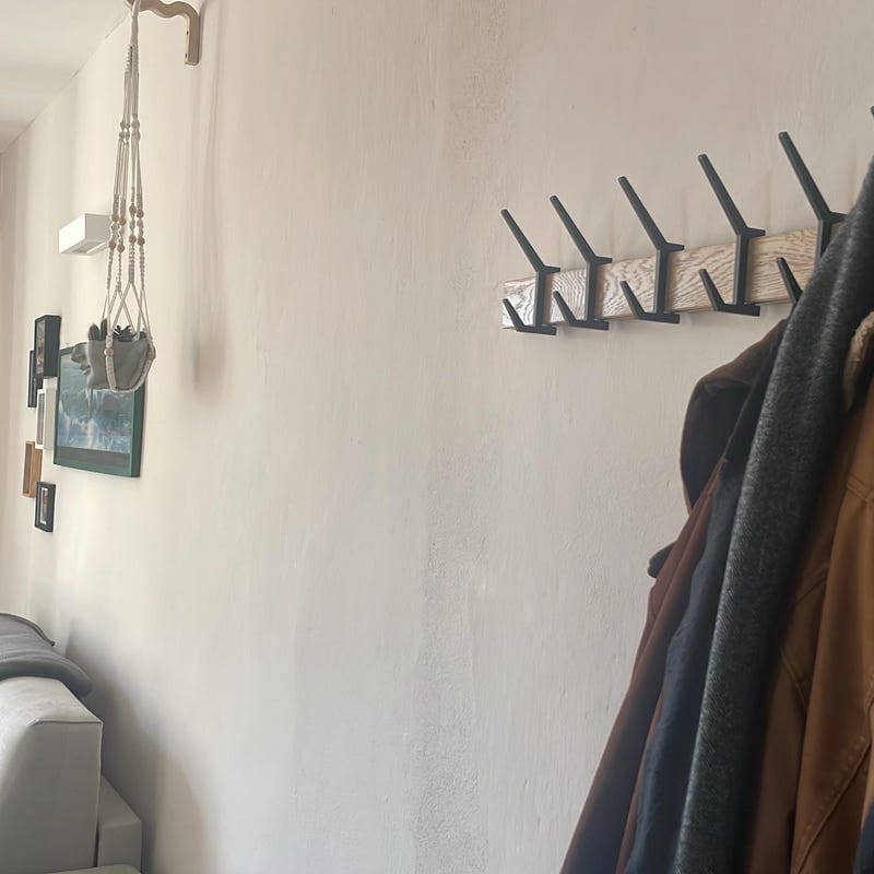 Customer photo review of Wall Coat Rack 5 Hooks | Rubberwood & Aluminum, Adjustable Spacing | 15.7 in Entryway & Hallway Rack