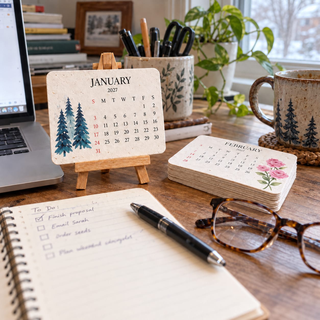 Customer photo review of 2027 Plantable Seed Paper Calendar | Thanksgiving, Christmas gifts - Eco-Friendly Desk Calendar with 12 Monthly Flower & Herb Seeds | Sustainable Gift with Wooden Easel Stand
