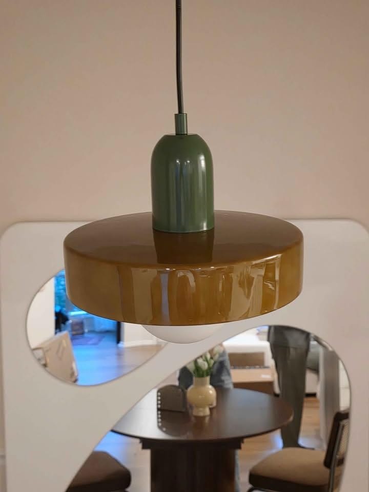 Customer photo review of Bauhaus Pendant Light | Two-Tone Glass Ring Shade over Milky Globe, G9 | 9.8 or 13.8 in, 24 Color Combos