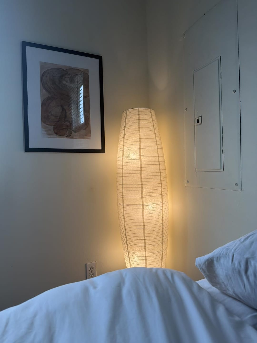 Customer photo review of Rice Paper Floor Lamp | 54 in Paper Column on a Slim Metal Frame | Japandi Style, 2-Bulb, Plug-In