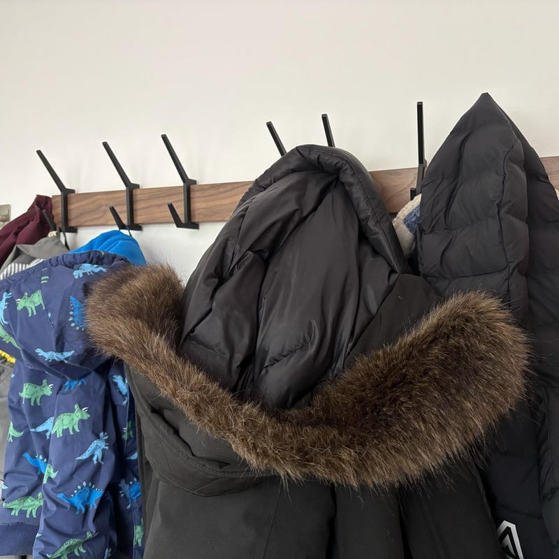 Customer photo review of Wall Coat Rack 5 Hooks | Rubberwood & Aluminum, Adjustable Spacing | 15.7 in Entryway & Hallway Rack