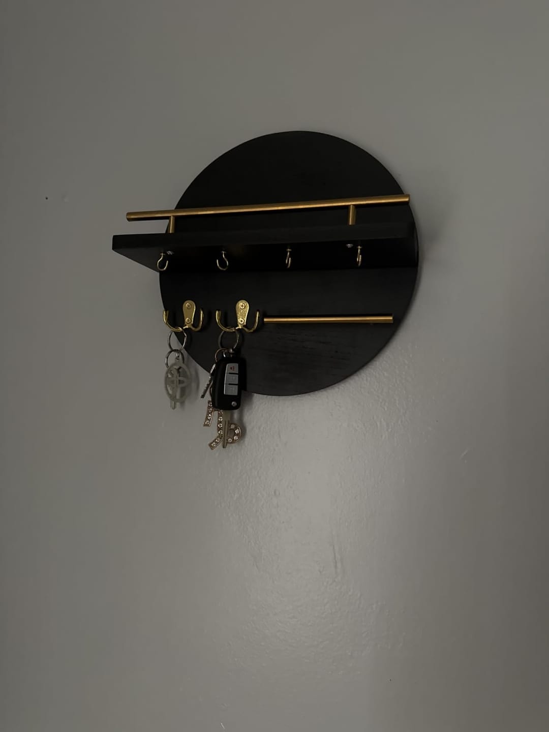 Customer photo review of Round Key Holder Wall Organizer 12 in | Wood & Metal with Hooks and Shelf | Entryway Key Rack