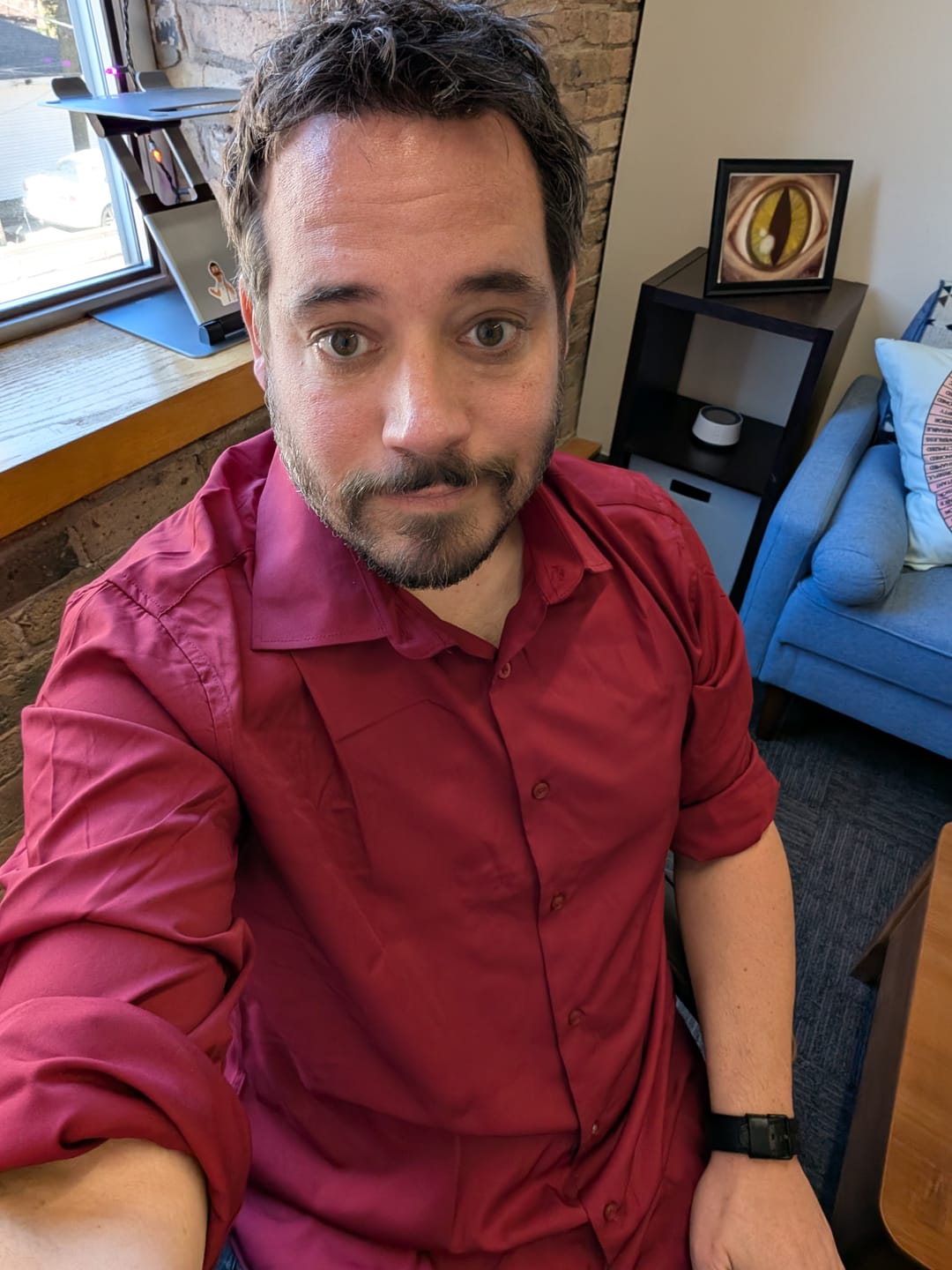 Customer photo review of Barry. Wang Stain Resistant Mens Shirt Burgundy Solid Long Sleeve Wrinkle Free Shirt Formal Wear