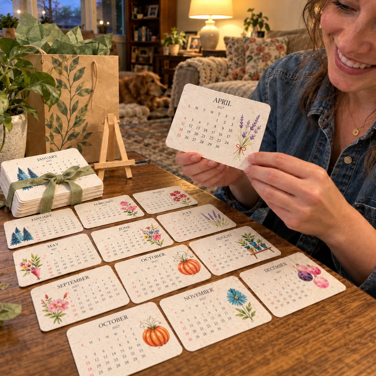Customer photo review of 2027 Plantable Seed Paper Calendar | Thanksgiving, Christmas gifts - Eco-Friendly Desk Calendar with 12 Monthly Flower & Herb Seeds | Sustainable Gift with Wooden Easel Stand