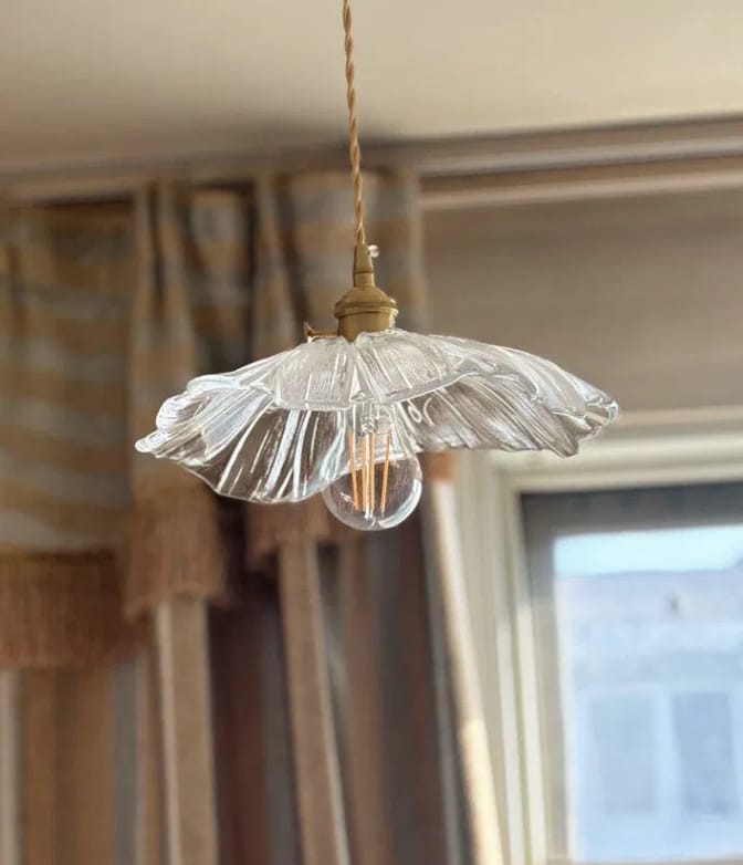 Customer photo review of Flower Glass Pendant Light | 11 in Plug-In Shade in Pink, Clear or Green | 177 in Cord, Sloped Ceiling Ready