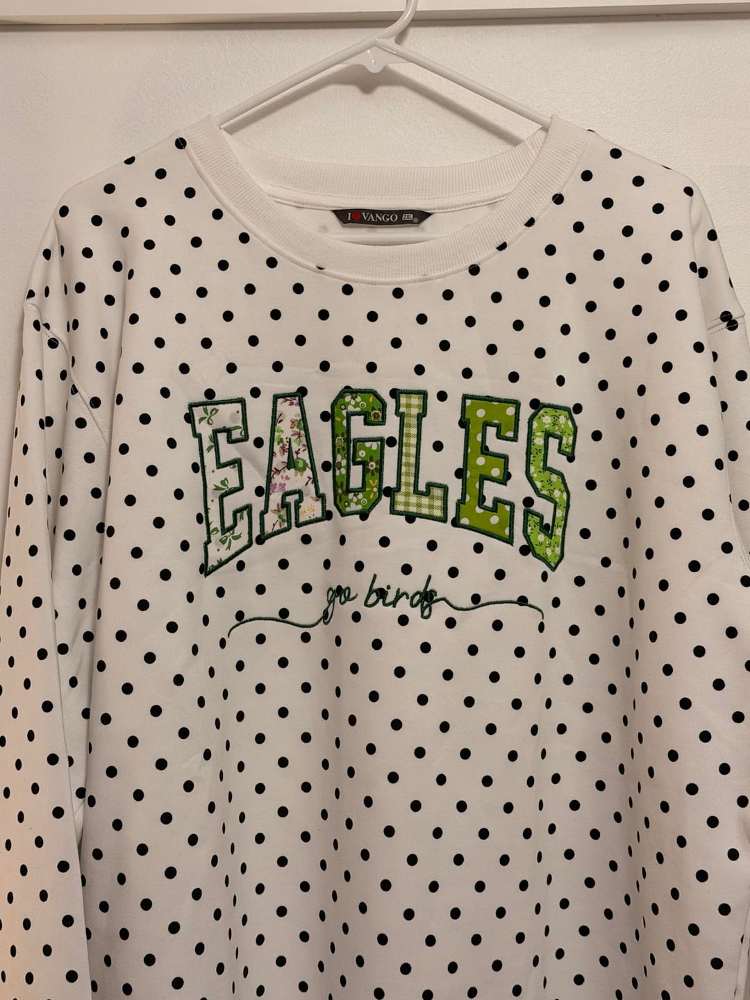 Customer photo review of Custom Patchwork Fabric Embroidered Polka Dot Sweatshirt Team and School Name Applique Varsity Letters | Game Day Wear