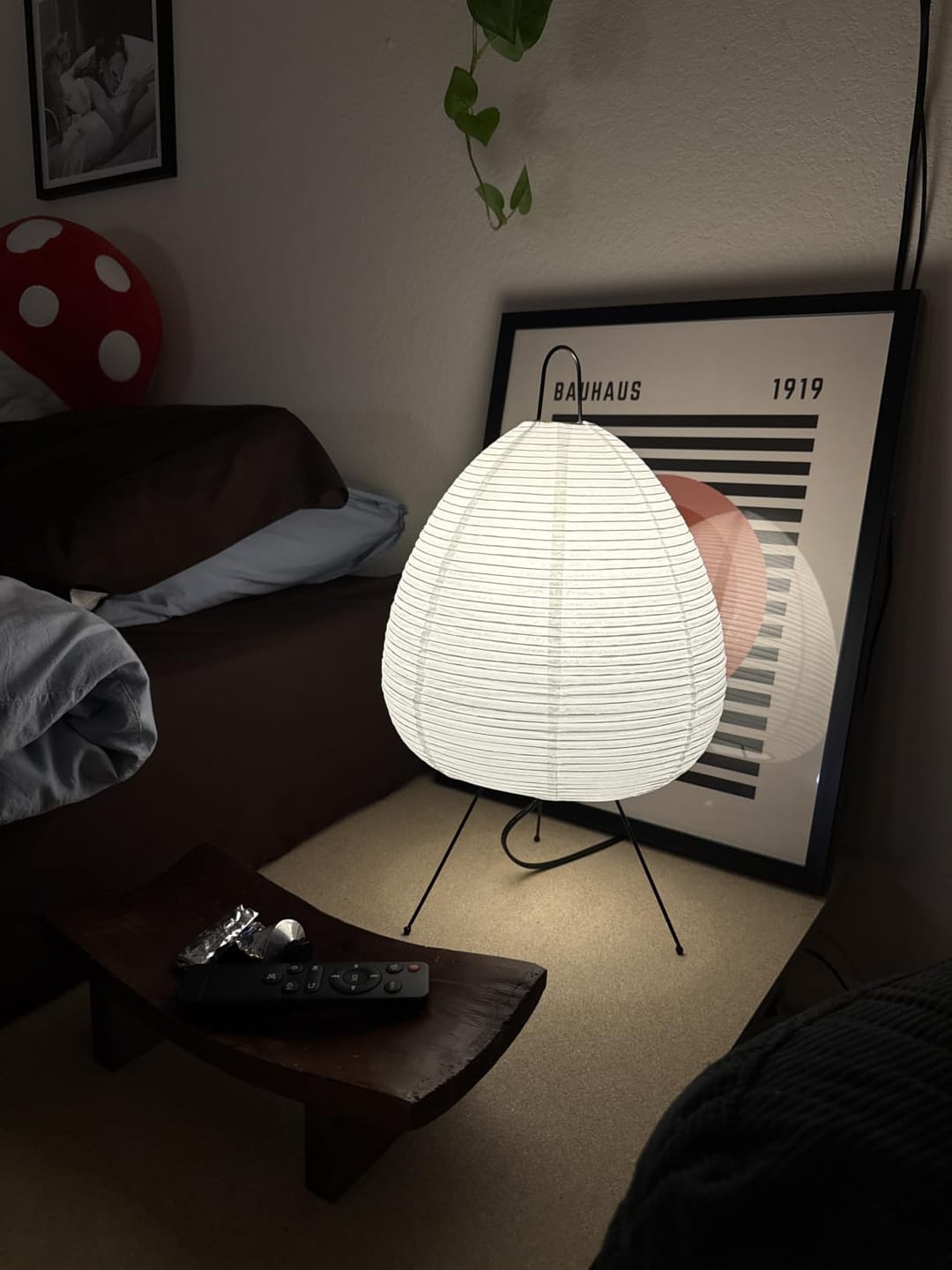 Customer photo review of Rice Paper Table Lamp | Japanese Zen Shade on Metal Tripod Base | LED Included, Soft Ambient Bedside Light