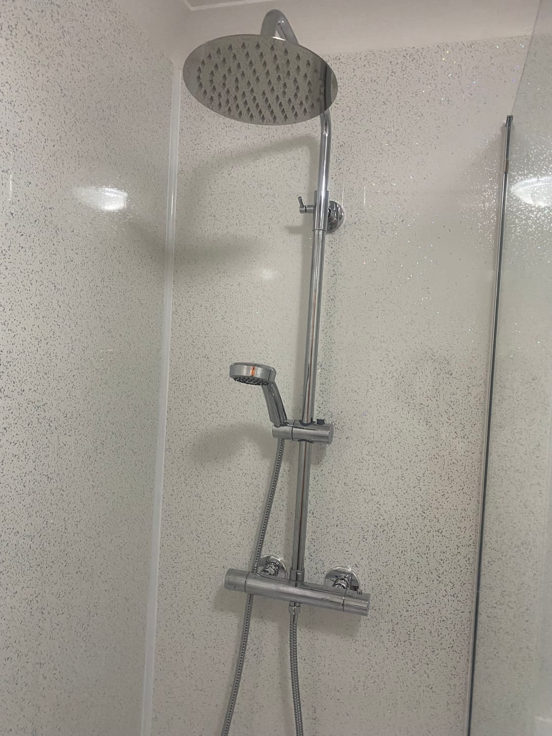 Customer photo review of 10mm Platinum White Sparkle Gloss Shower Panel 1M x 2.4M