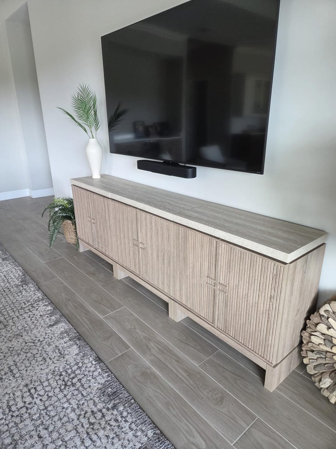 Customer photo review of Anton 32" Fluted Buffet Cabinets with Travertine Top (Set of 3)