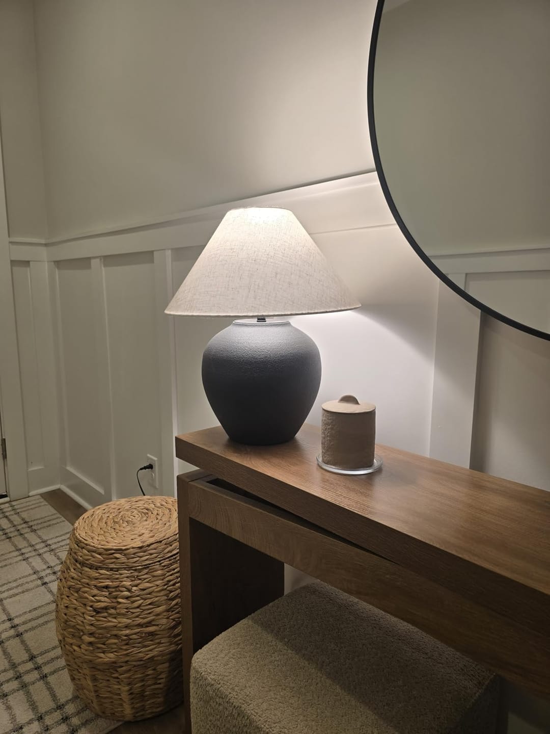 Customer photo review of Ceramic Table Lamp | Textured Wabi-Sabi Jar Base, Wide Fabric Shade | Small or Large, Black or White Bedside Lamp