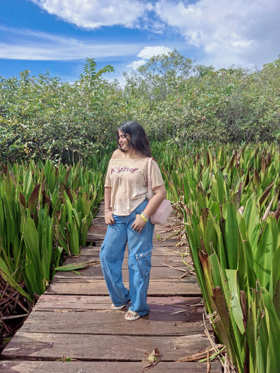 Customer photo review of Wishing For It Off Shoulder Oversized Tee Beige