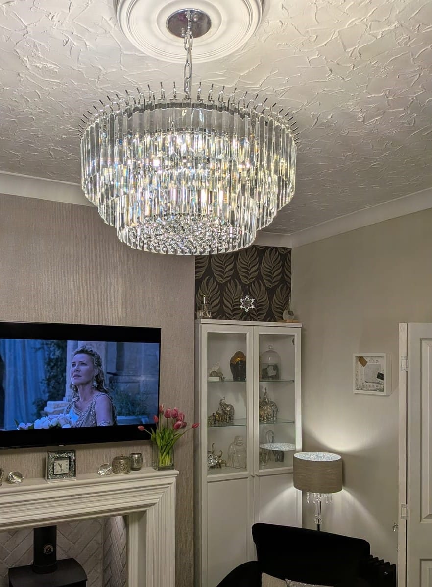 Customer photo review of 9-Light Bauhaus Round Drum Tiered Crystal Chandelier