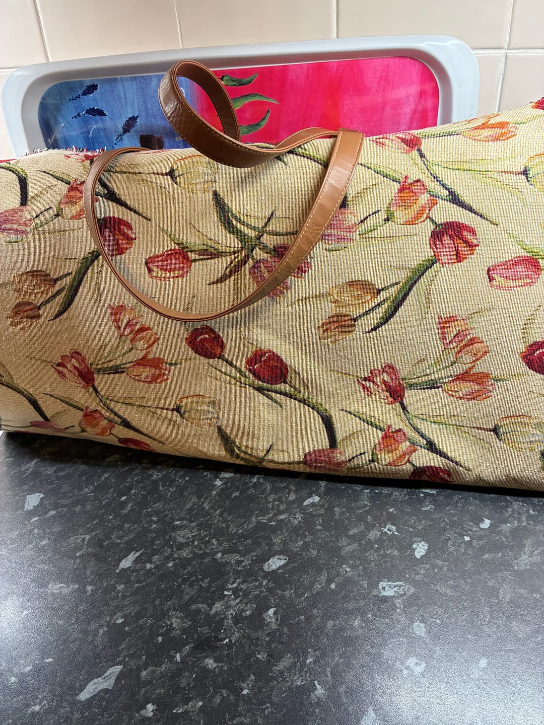 Customer photo review of Falling Tulips on Beige Tapestry Fabric