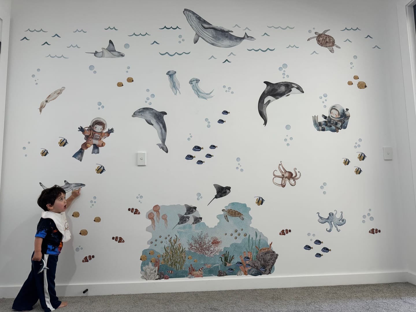 Customer photo review of Matty's Undersea Exploration Fabric Wall Decal Stickers - Scuba Boys & Animals