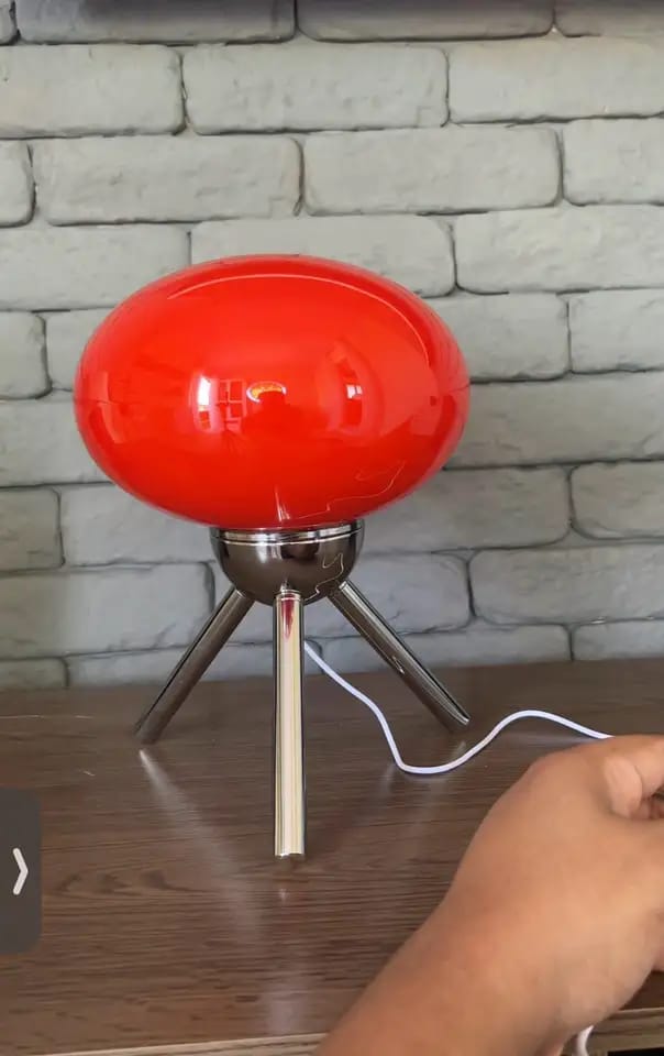 Customer photo review of Glass Globe Table Lamp | Glossy Orb Shade on Polished Metal Tripod | 10-12 in Retro Lamp in Mint, Cream or Red