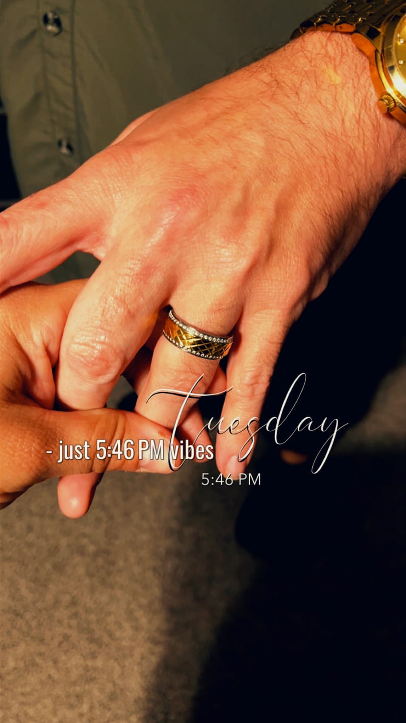 Customer photo review of 8mm - Silver Titanium Wedding Band Gold Diamond Pattern Center with Diamonds