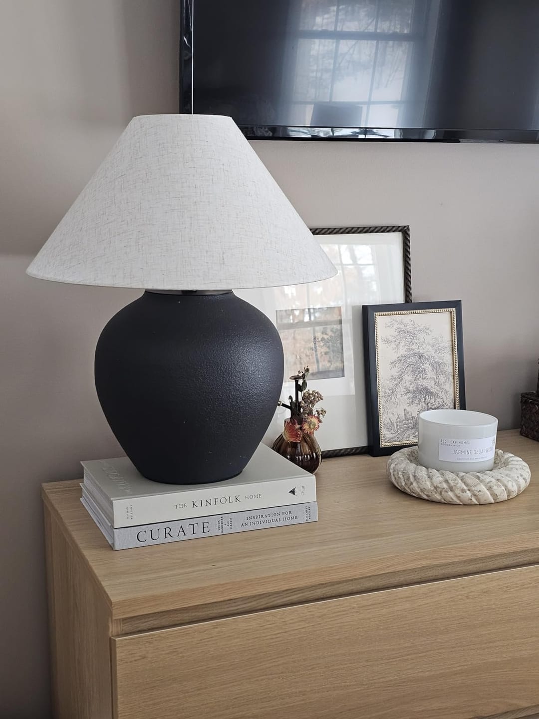 Customer photo review of Ceramic Table Lamp | Textured Wabi-Sabi Jar Base, Wide Fabric Shade | Small or Large, Black or White Bedside Lamp