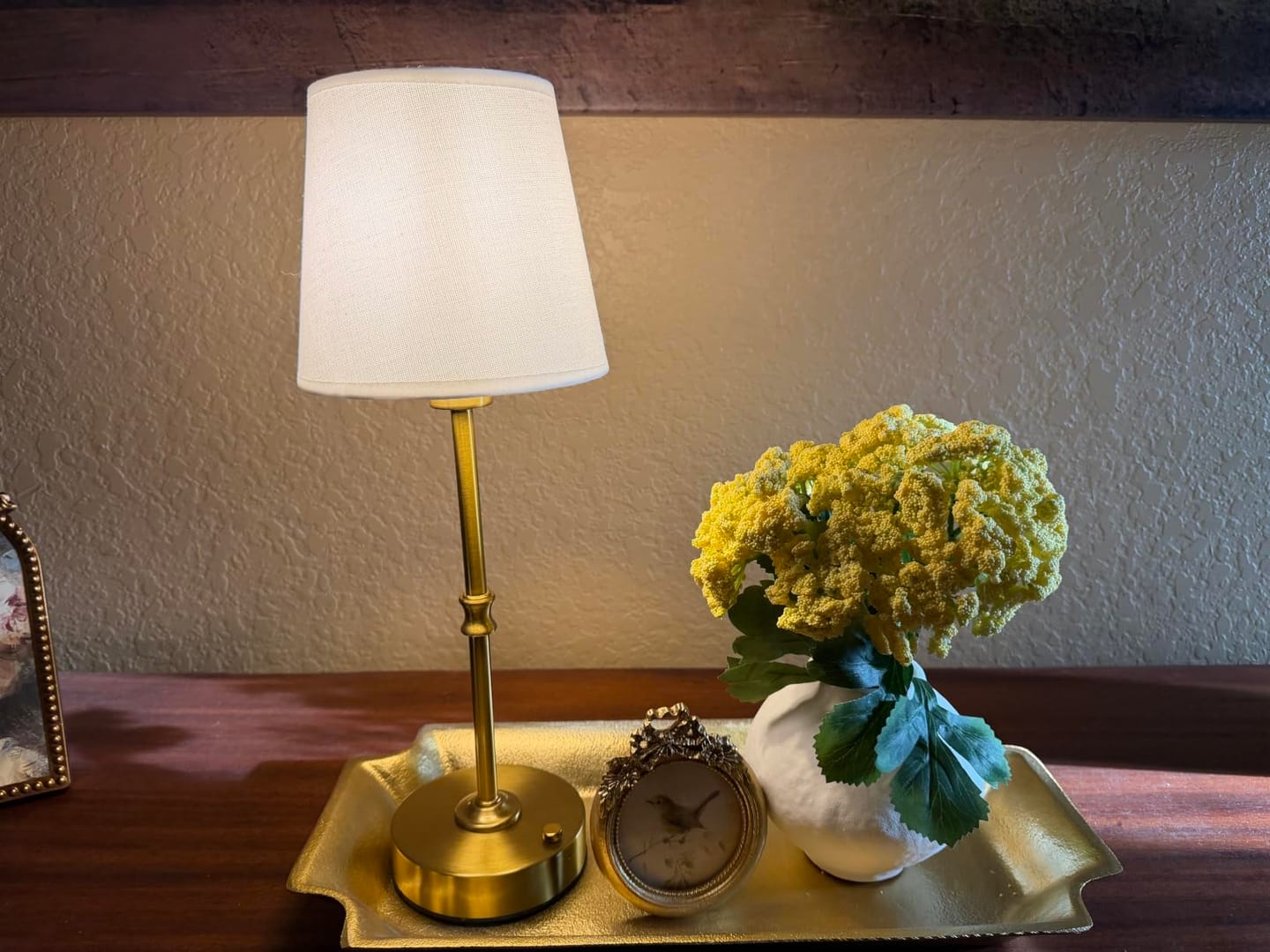 Customer photo review of Cordless Table Lamp | Brushed Metal with Fabric Shade, Touch Dimming | 14.8 in Rechargeable, Black or Gold
