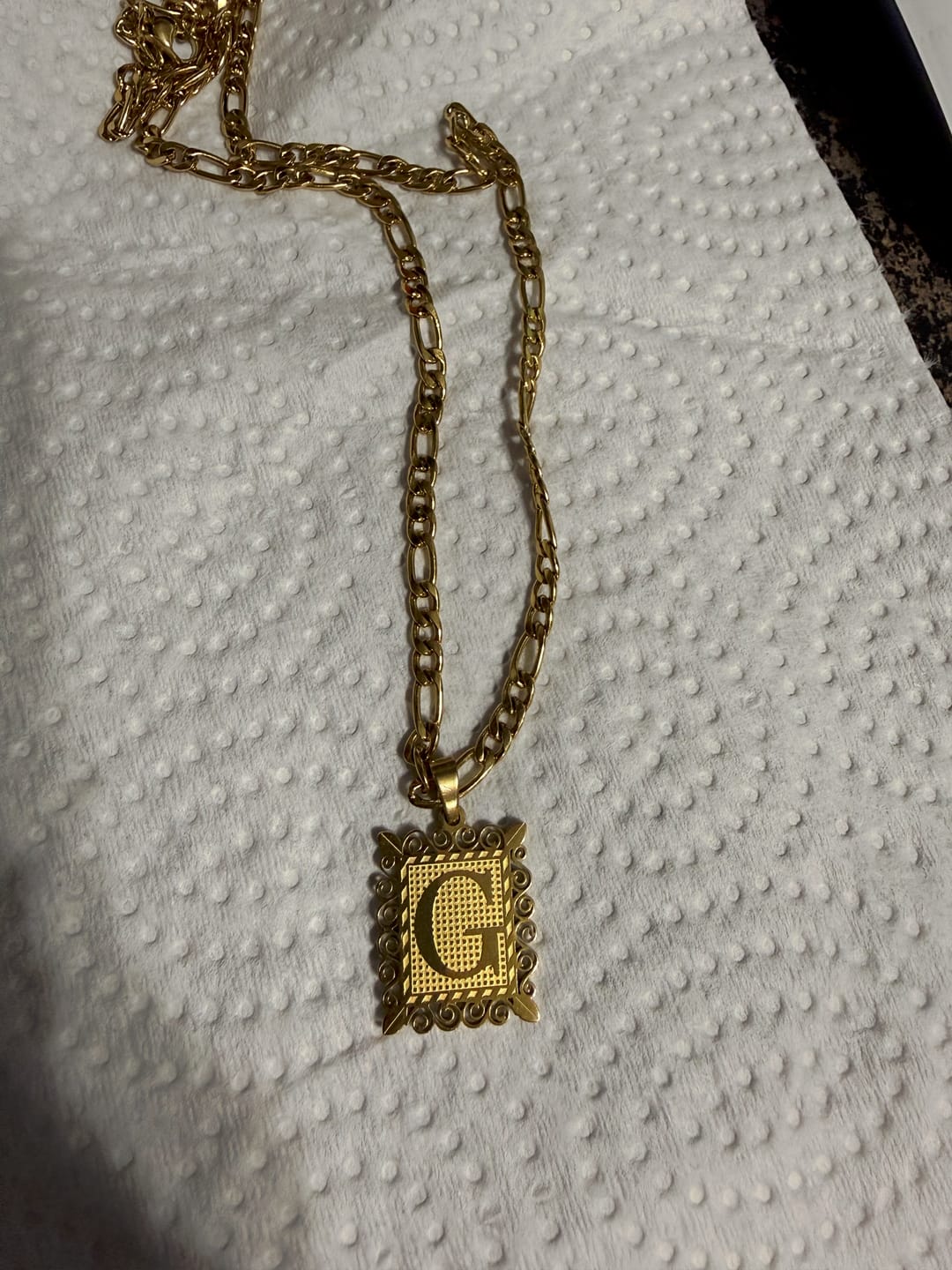 Customer photo review of Embossed Initial Necklace w/ Figaro Chain