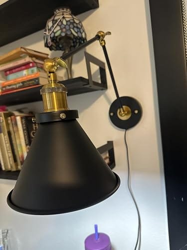 Customer photo review of Swing Arm Wall Sconce | Black Metal Cone Shade, 16 in Folding Arm | Plug-In or Hardwired, Single or Set of 2