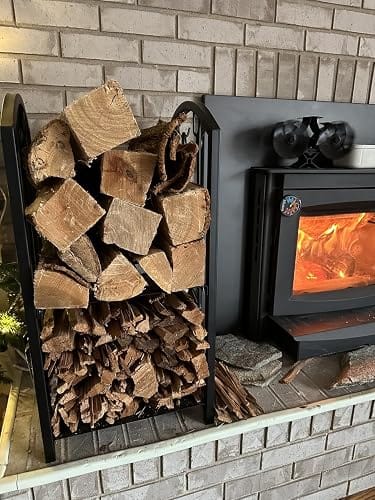 Customer photo review of Firewood Log Rack with Tools | 29 in Wrought Iron Holder with 2 Shelves | Poker, Shovel, Brush and Hook Set