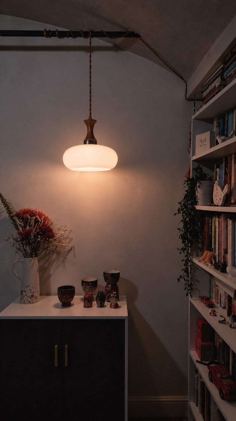 Customer photo review of Plug-In Pendant Light | 11 in Tinted Glass Shade on a Turned Wood Stem | 177 in Cord, In-Line Switch, E26