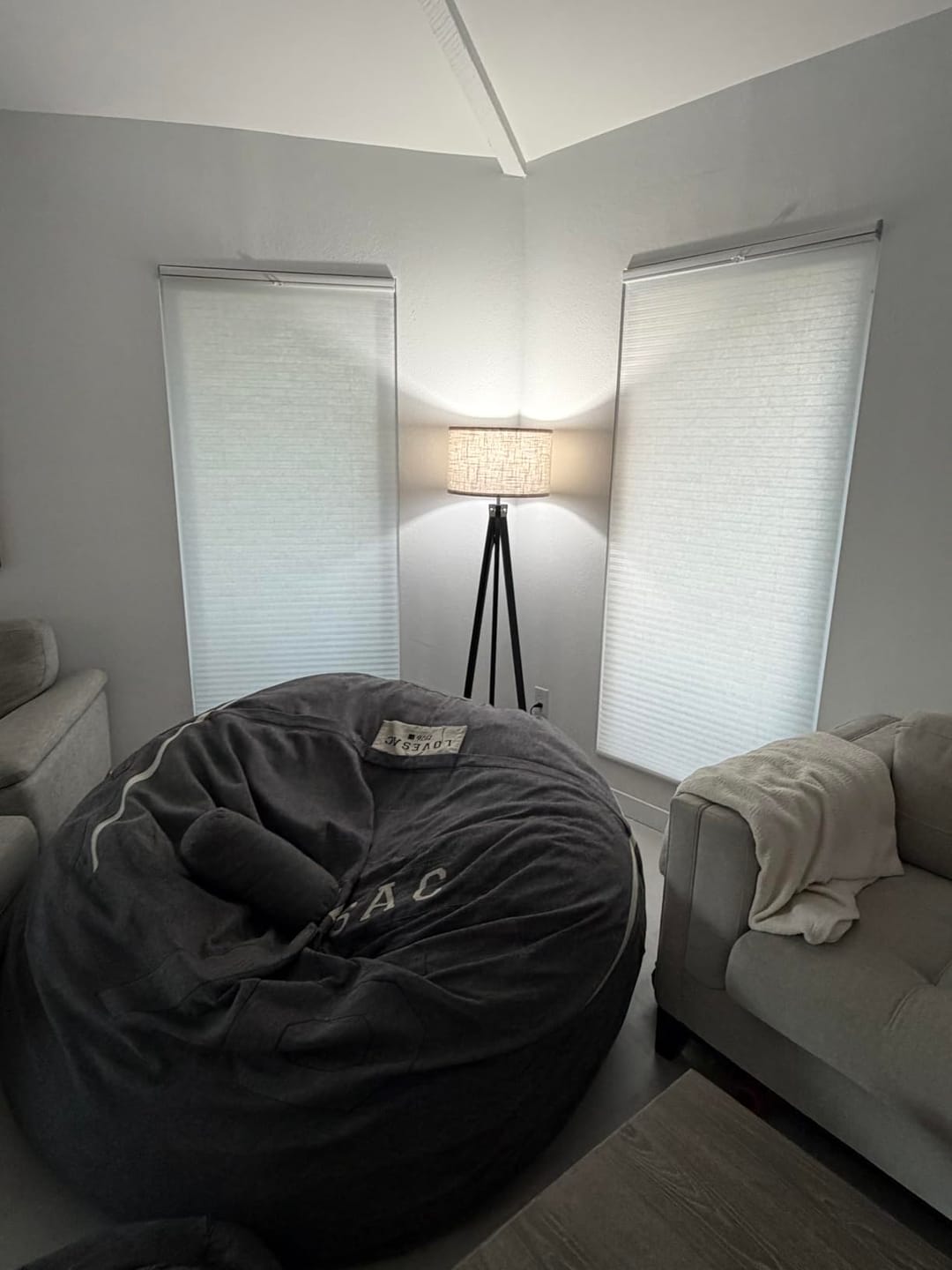Customer photo review of Wood Tripod Floor Lamp | Fabric Drum Shade on Brown Wood Legs | 3-Color LED Bulb Included, Foot Switch