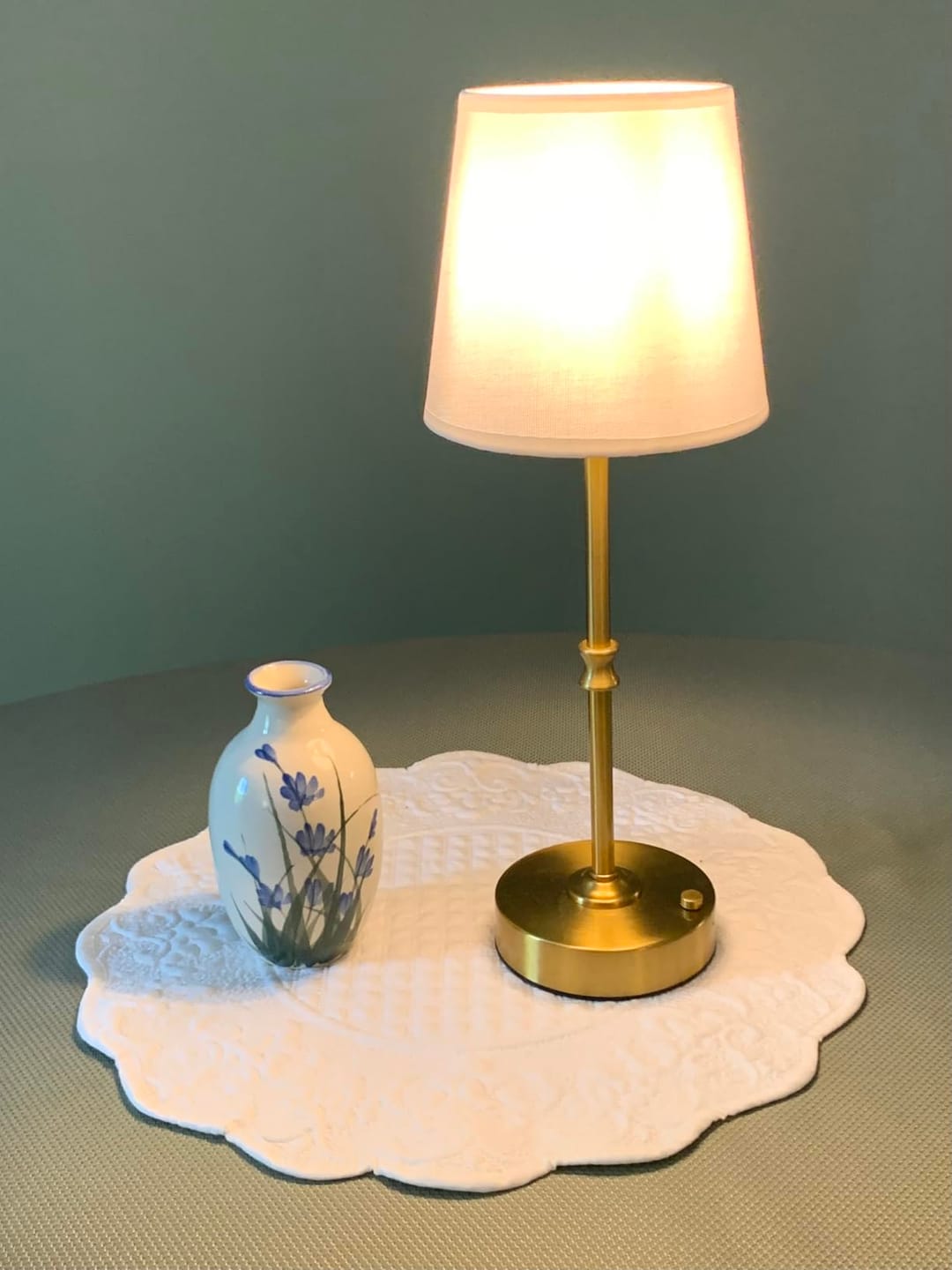 Customer photo review of Cordless Table Lamp | Brushed Metal with Fabric Shade, Touch Dimming | 14.8 in Rechargeable, Black or Gold