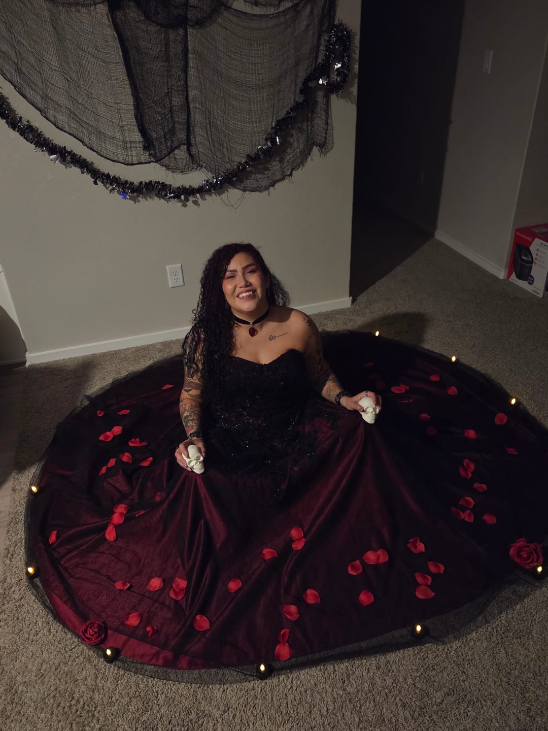 Customer photo review of Burgundy Black Lace Strapless Gothic Ball Gown – Embroidered Tulle Full Skirt Evening Dress Gothic Bridal Dress Plus Size