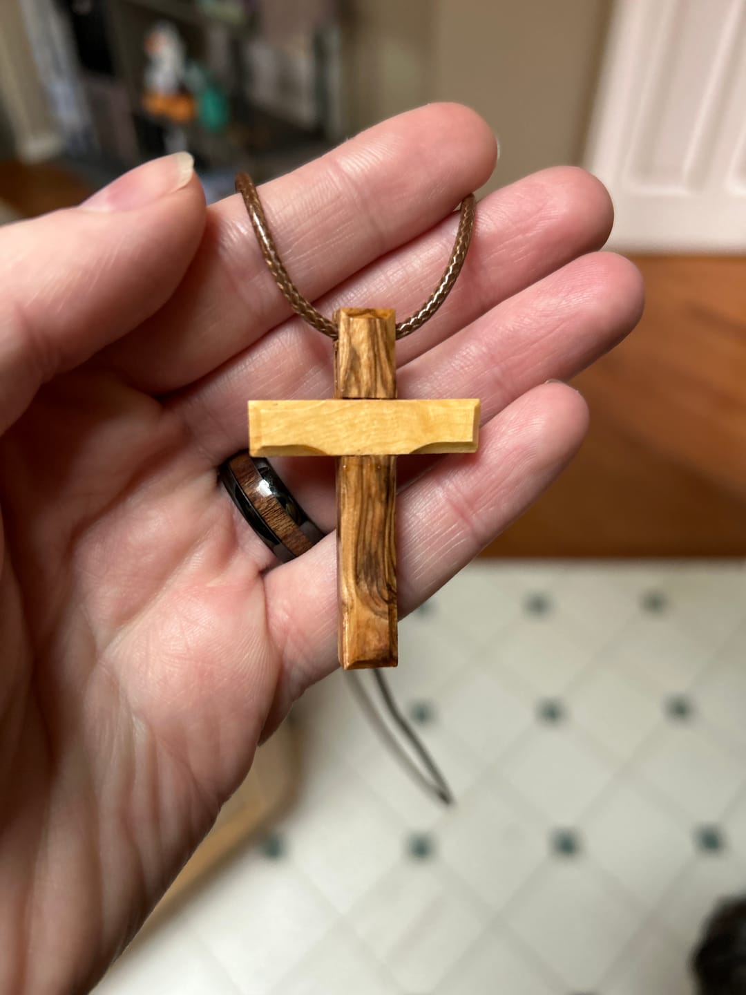 Customer photo review of Holy Land Plain Olive Wood Cross Pendant
