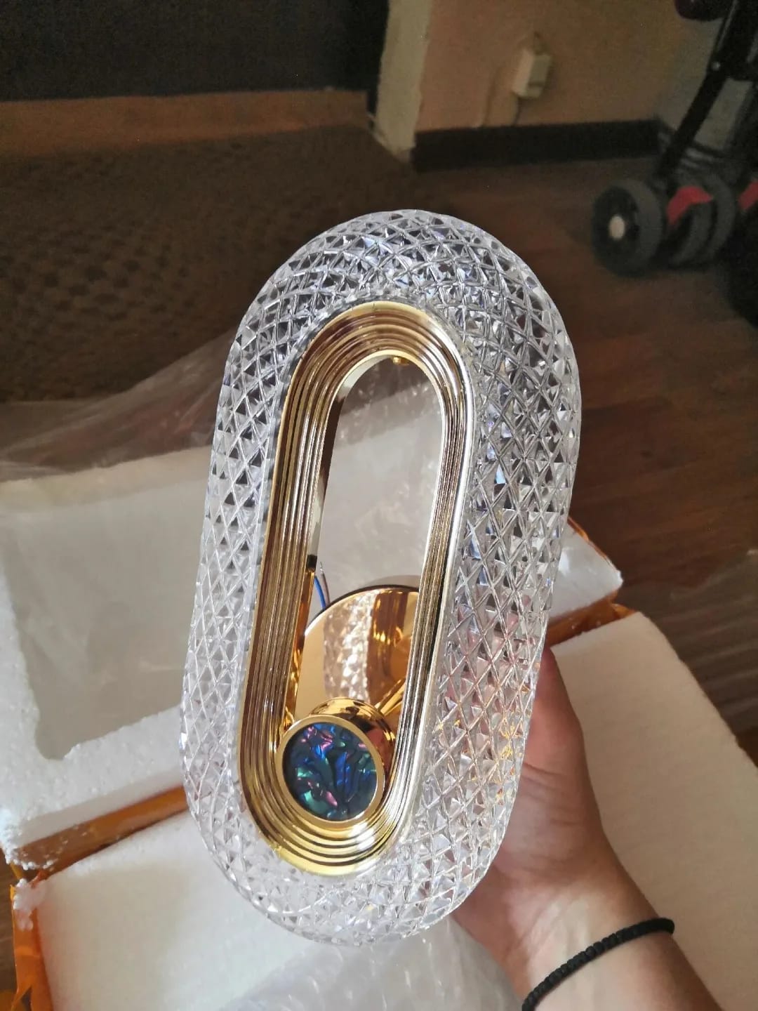 Customer photo review of Gold Wall Light, Patterned Acrylic Arc, Wall Sconce, 20–24 cm
