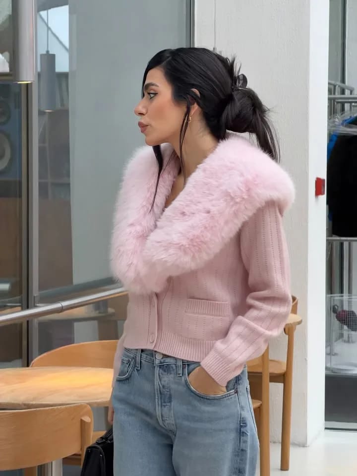 Customer photo review of Ella Faux Fur Collar Cropped Knit Cardigan