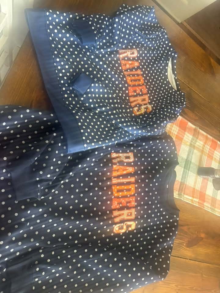 Customer photo review of Custom Patchwork Fabric Embroidered Polka Dot Sweatshirt Team and School Name Applique Varsity Letters | Game Day Wear