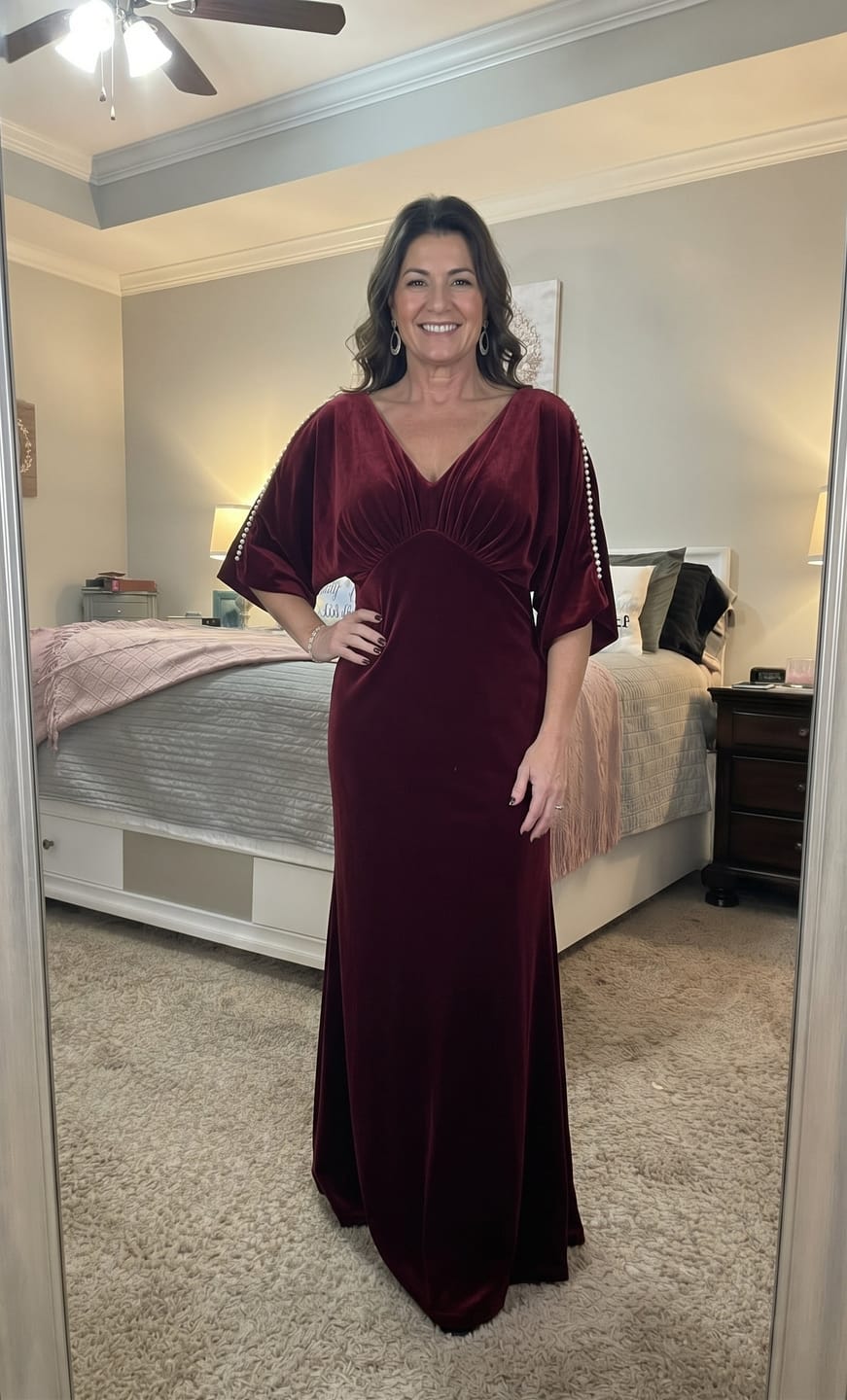 Customer photo review of V-Neck Pearl-Trim Velvet Maxi Dress