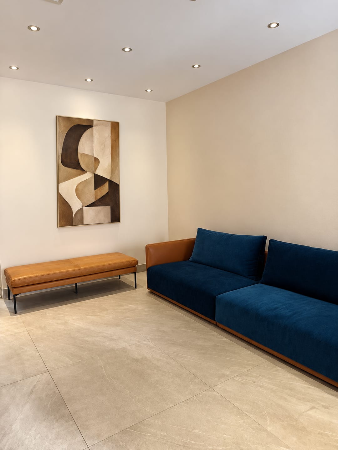 Customer photo review of "Curved Rhythm" – Cubist Earth Tone Geometric Abstract Acrylic Painting