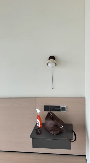 Customer photo review of Travertine Dome Wall Light, Wood Backplate, Pull Chain, Wall Sconce