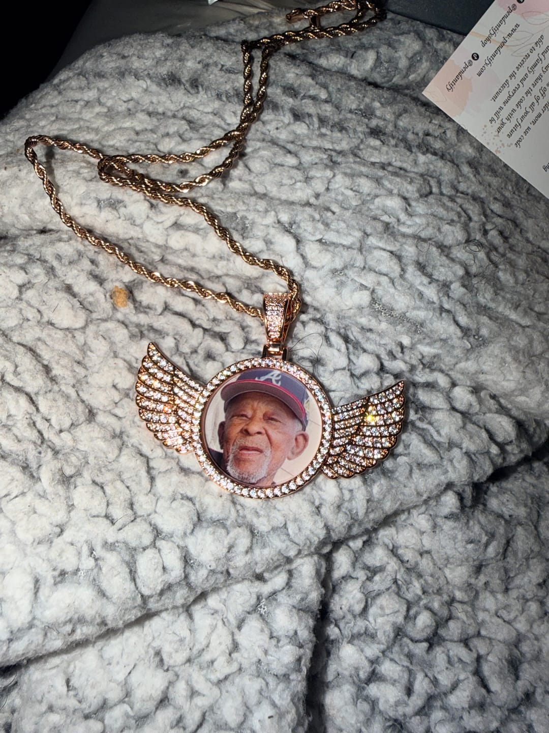 Customer photo review of Custom Diamond Studded Angel Wing Photo Necklace