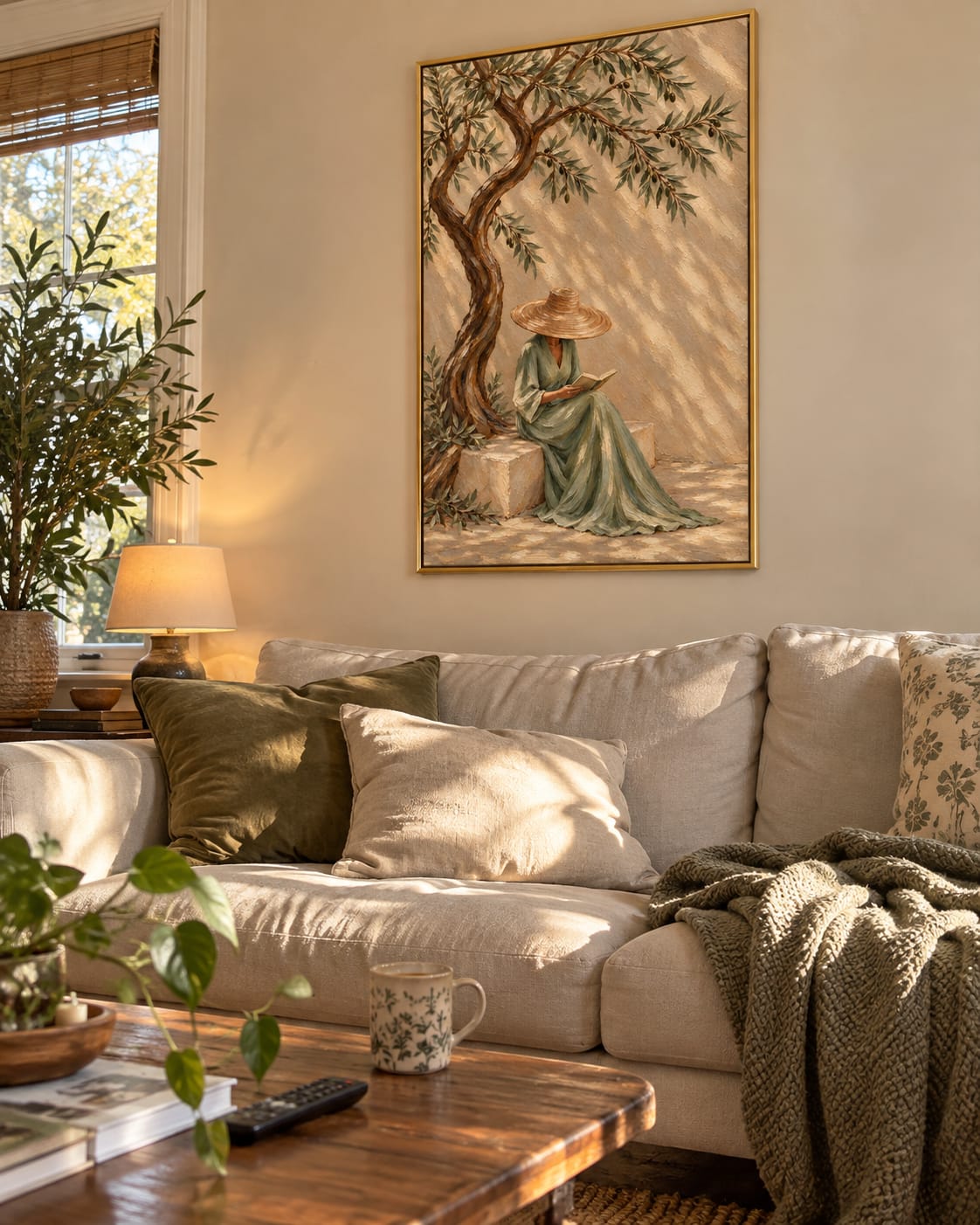 Customer photo review of Serenade in Olive Shade" – Mediterranean Wabi-Sabi Sage Green Lady Reading Textured Acrylic Painting