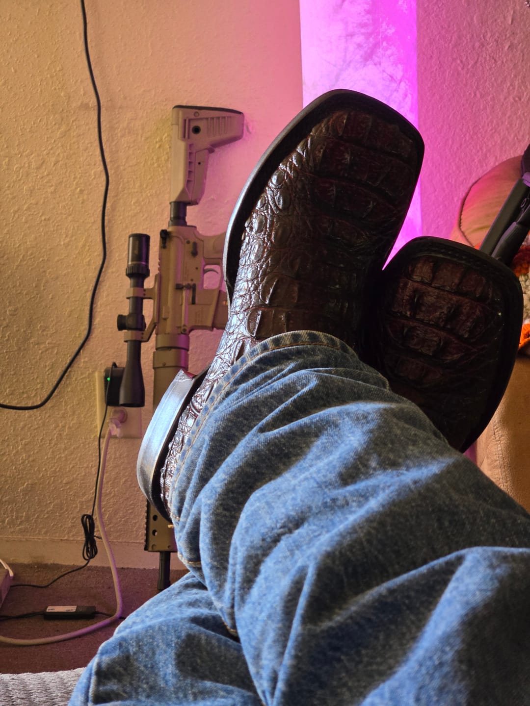Customer photo review of Black Cherry Caiman Neck Leather Boots - Square Toe