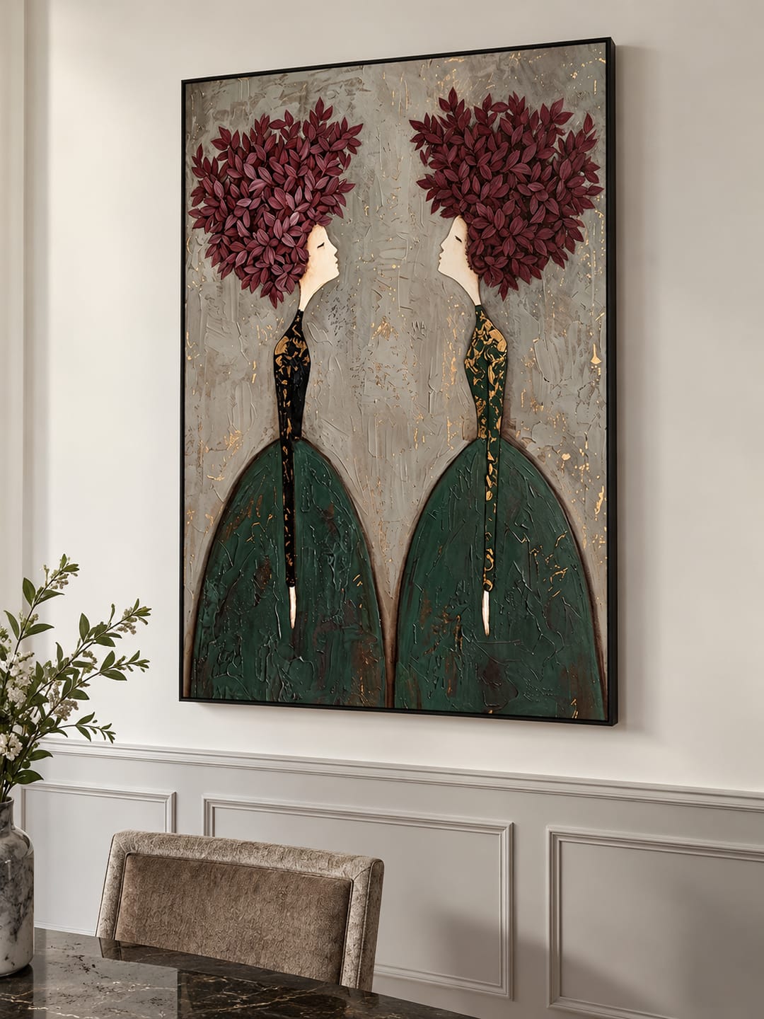 Customer photo review of "Botanical Reflection" – Modern Textured Green and Maroon Leaf Woman Figural Oil Painting