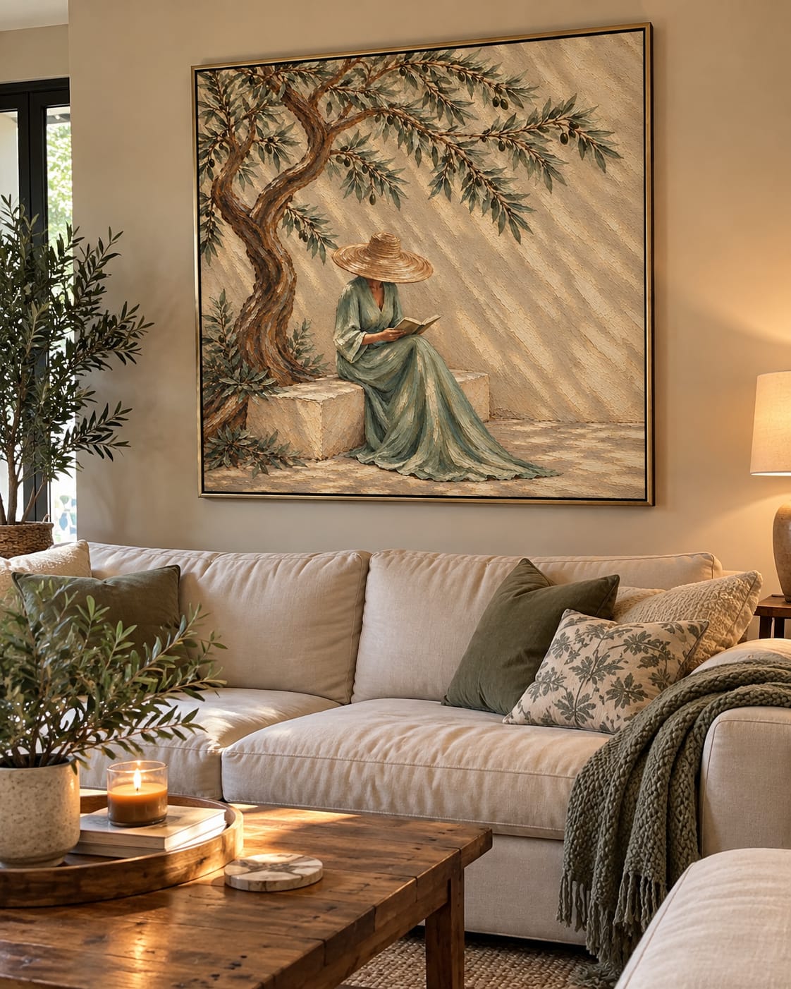 Customer photo review of "Serenade in Olive Shade" – Mediterranean Wabi-Sabi Sage Green Lady Reading Textured Acrylic Painting
